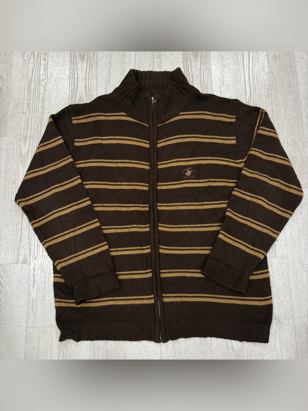 Beverly Hills Polo Club Men's Size Large Brown Striped Full-Zip Knit Sweater
